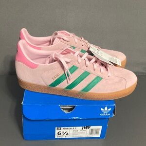 Adidas Gazelle Pink with Green Stripes women’s 7.5/youth 6.5